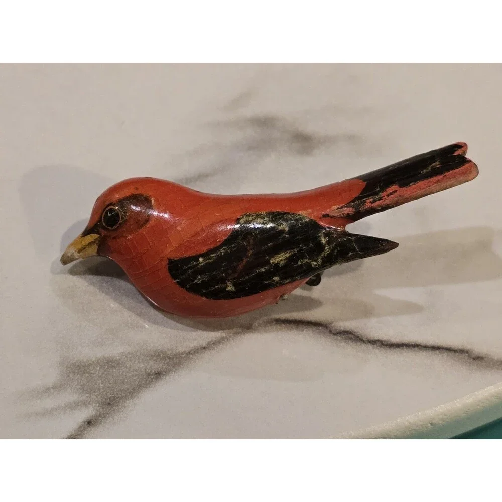 Vintage Hand Painted Red Bird Brooch Wood Bird Pin Folk Art Cardinal Style #1353